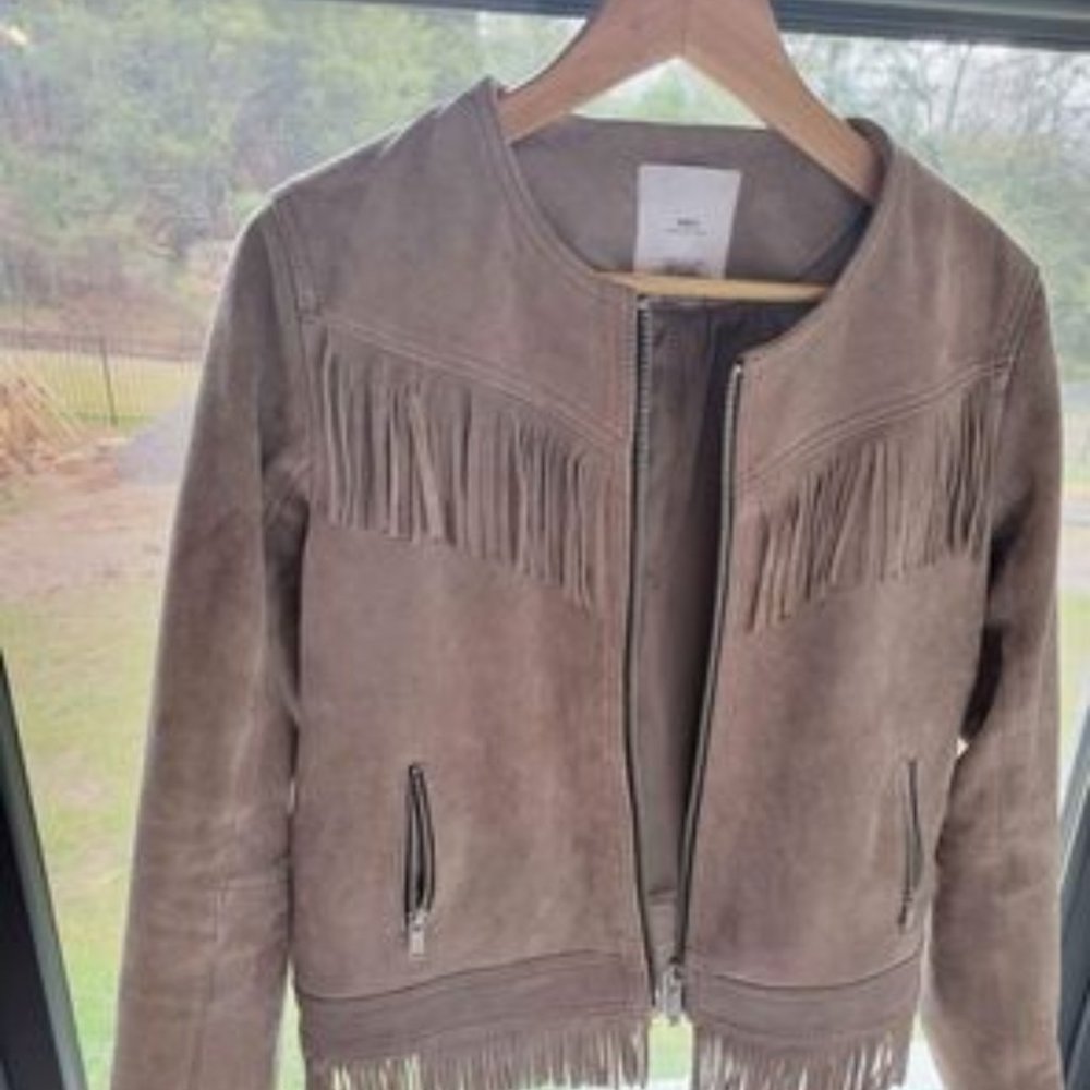 Mango Taupe Fringe Moto Jacket Sz Small